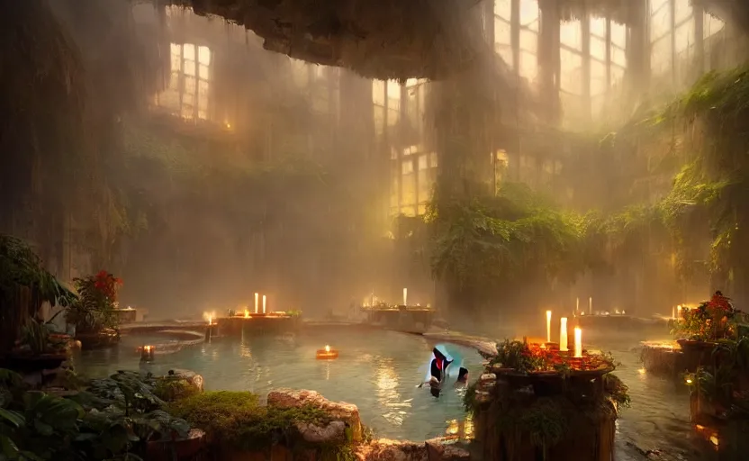 Image similar to painting of an interior of an otherworldly hot spring with candles, natural light, fantasy, lush plants and flowers, natural light, concept art, by greg rutkowski and craig mullins, cozy atmospheric and cinematic lighting, trending on artstation