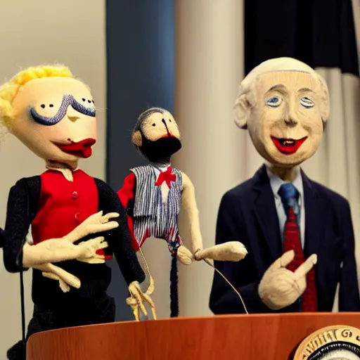 Image similar to president marionette with puppeteer in a podium giving a press conference