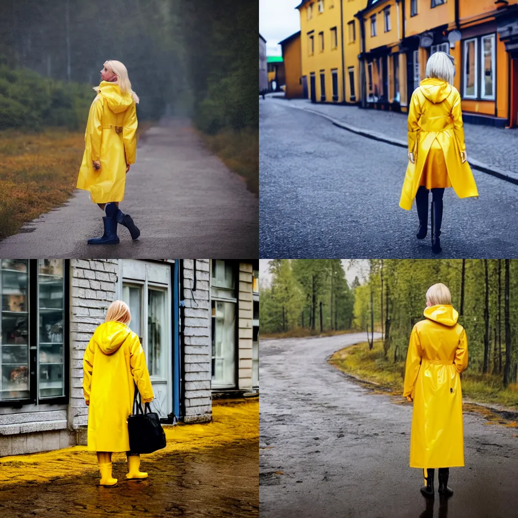 Prompt: Beautiful blonde woman dressed in yellow raincoat and yellow rubber boots walks in smal town in Finland, mobile game ,