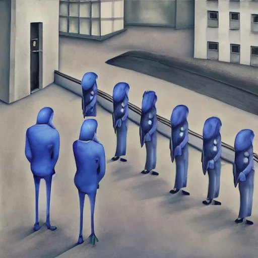 Image similar to by charles addams, by meredith marsone, by alice rahon blue man group, shikki kaleidoscopic, dreary. the body art of a police station in the lithuanian city of vilnius. in the foreground, a group of policemen are standing in front of the building, while in the background a busy street can be seen.