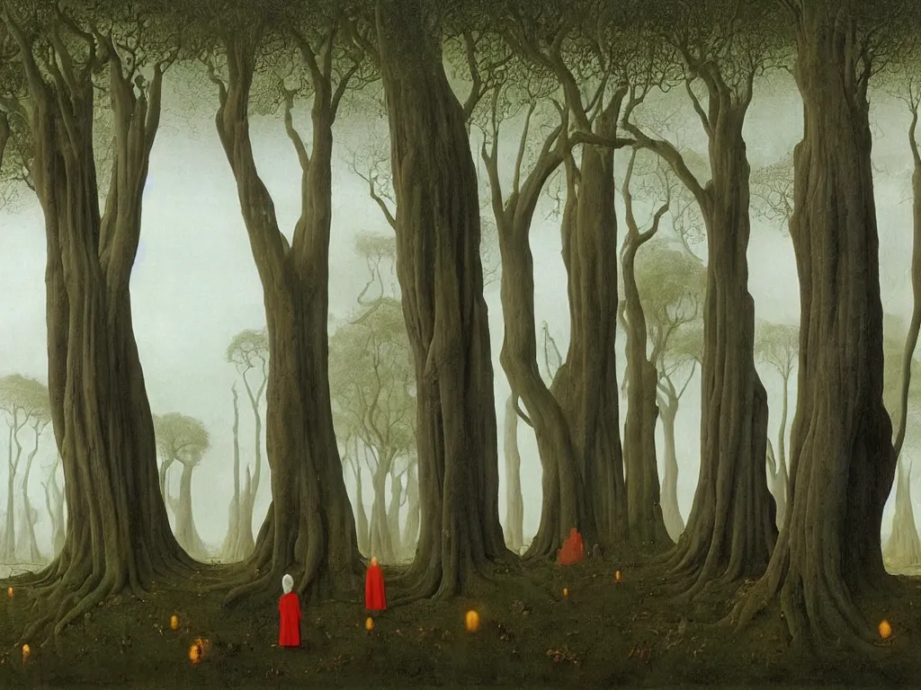 Image similar to albino mystic, with his back turned, looking in the distance at the surreal giant forest of Banyan trees in the fog. Painting by Jan van Eyck, Caspad David Friedrich, Rene Magritte, Agnes Pelton, Max Ernst, Walton Ford