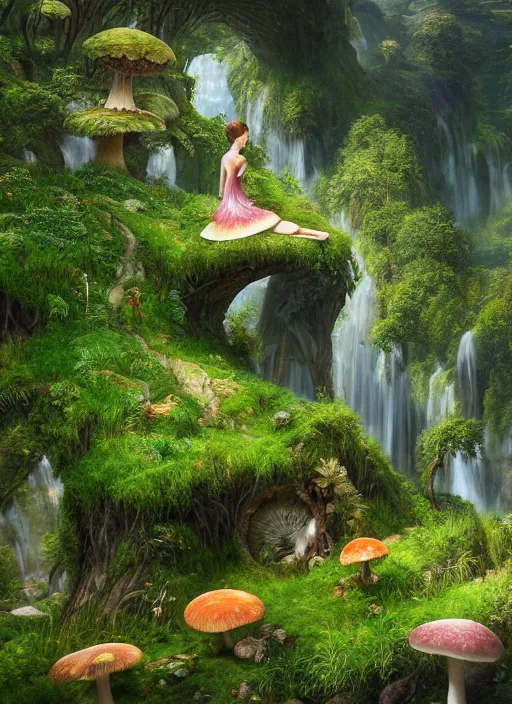 Image similar to an elegant fairy sitting and looking out at a lord of the rings scenery landscape, vast lush valley flowers and giant mushroom structures, stream, sunrise, god's rays highly detailed, vivid color, cinematic lighting, perfect composition, 8 k, gustave dore, derek zabrocki, greg rutkowski, belsinski, octane render