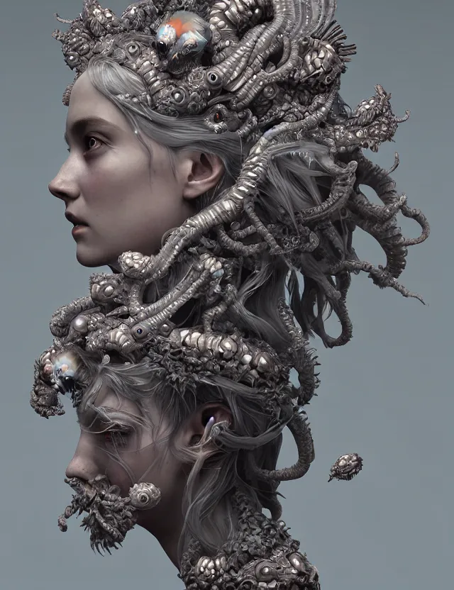 Prompt: symmetrical, centered, zbrush sculpt of goddess close-up portrait wigh crown made of skulls. phoenix betta fish, phoenix, bioluminiscent creature, super intricate ornaments artwork by Tooth Wu and wlop and beeple and greg rutkowski