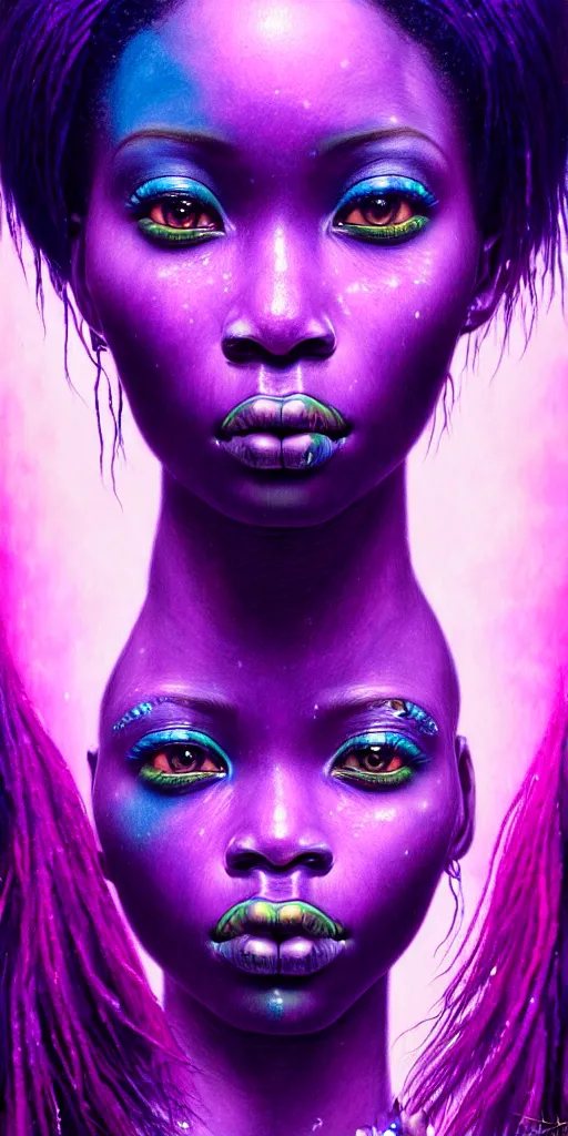 Image similar to hyperrealistic intricate close-up of beautiful african woman with purple hair and pearlescent blue skin hannah yata machiej kuciara dramatic neon lighting on one side