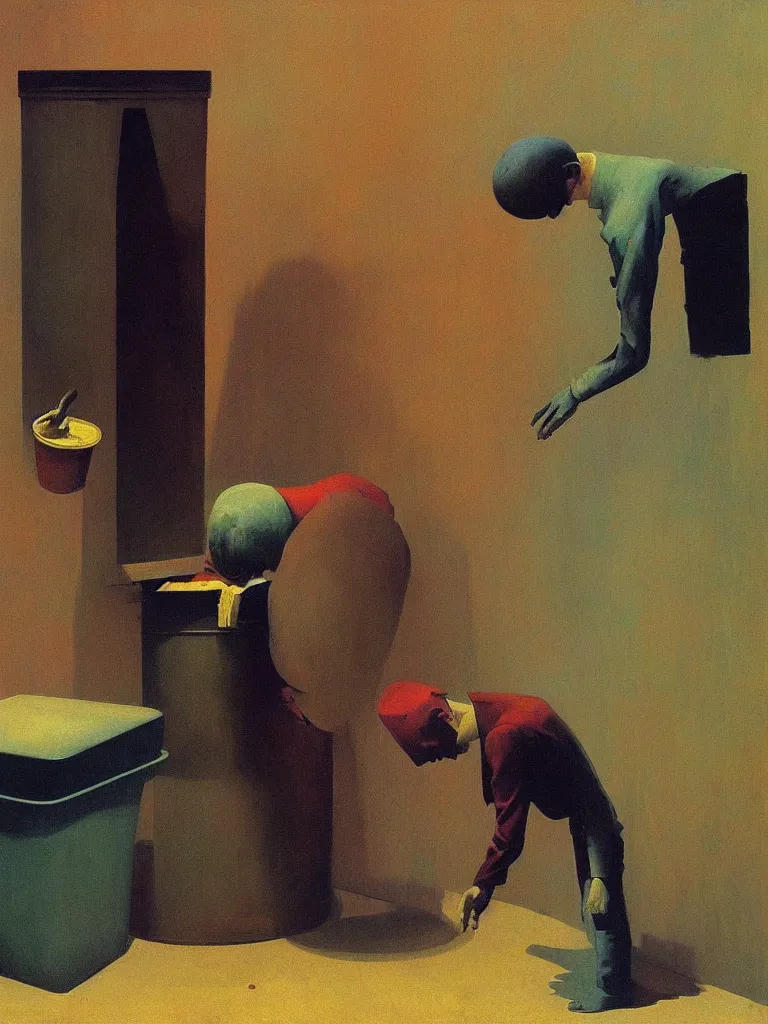 Image similar to magician with a trash over his head praying to a trash bin Edward Hopper and James Gilleard, Zdzislaw Beksinski highly detailed