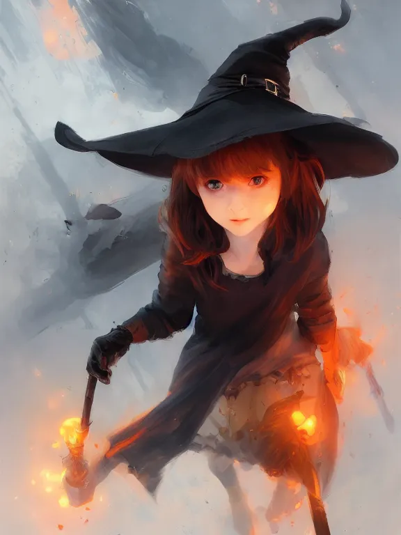 Image similar to Full shot of a cute mischievous young witch about to get up to some trouble. Black and Orange palette. By Ruan Jia and Artgerm and Range Murata and WLOP and CLAMP and Loish. Key Art. Fantasy Illustration. award winning, Artstation, intricate details, realistic, Hyperdetailed, 8k resolution.