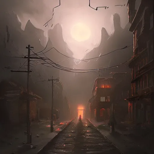 Prompt: this place is truly beautiful and the atmosphere is buzzing the town lights are glowing particularly brightly tonight but I cant stop feeling this ominous presence, trending on artstation,