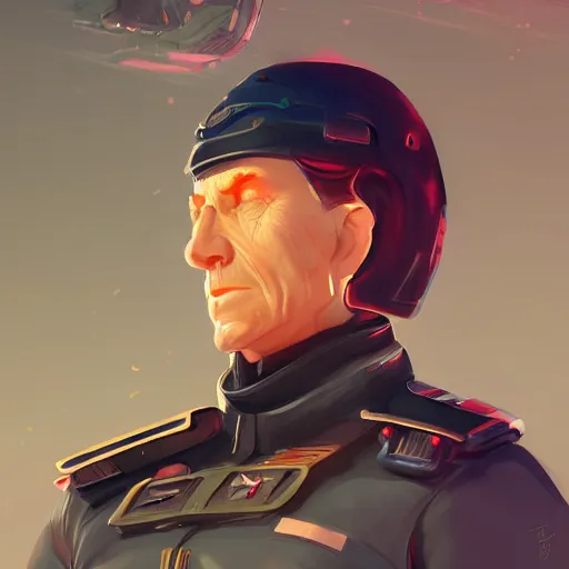 Image similar to Portrait of a futuristic general, LED helm, strong chin, lots of gallons on his jacket, mattepainting concept Blizzard pixar maya engine on stylized background splash comics global illumination lighting artstation lois van baarle, ilya kuvshinov, rossdraws