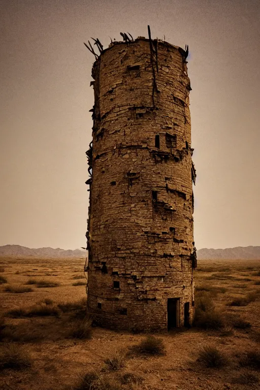 Prompt: an old decaying tower in the middle of a vast desert, fantasy, hyper realistic, atmospheric lighting, 8k,