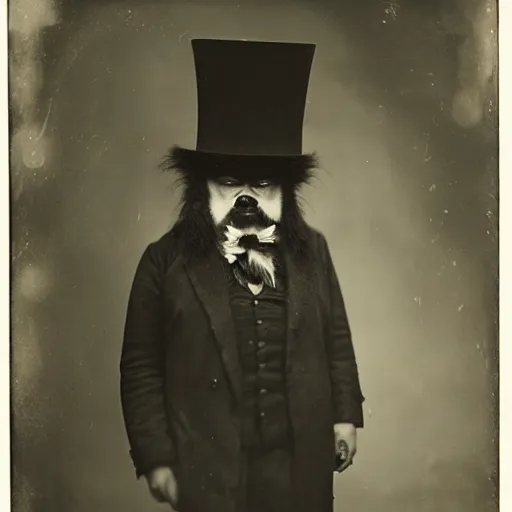 Image similar to a vintage wet plate portrait of a dignified bigfoot with a top hat and cane, extremely detailed, by james van der zee!!!!!!!!!!!!!!!!!!