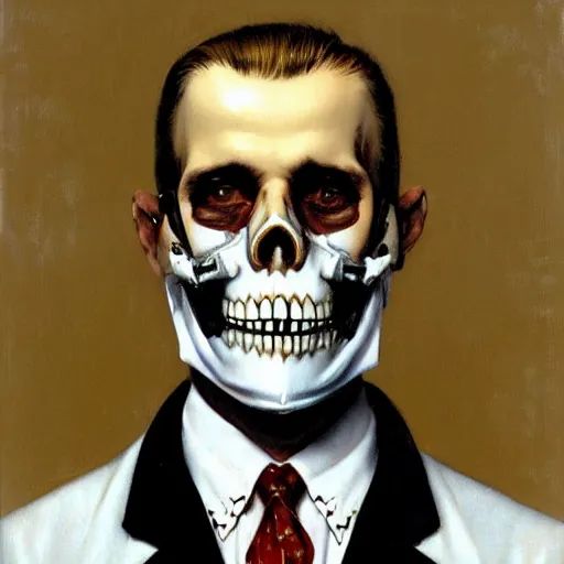 Prompt: frontal portrait of a suited blond with medical gloves and a skull face mask, by Gerald Brom and Norman Rockwell