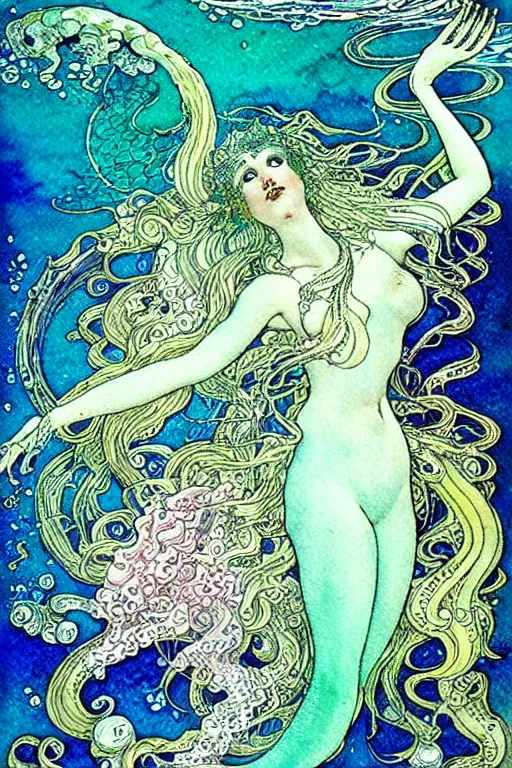 Image similar to alchemical mermaid underwater, fantasy art, art by hans zatzka and walter crane and kay nielsen, watercolor illustration,