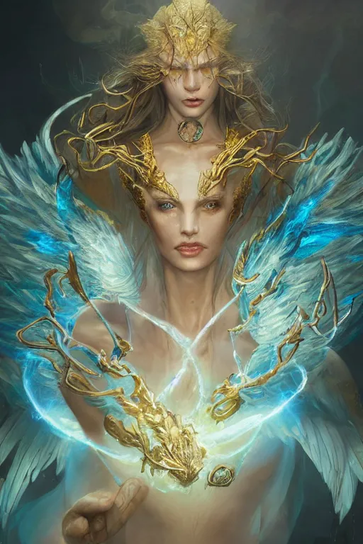 Image similar to beautiful cursed girl sorcerer transforming into crystals and golden dragon skin, casting magic spell, angel, fantasy, magic the gathering, hyper detailed, 3 d render, hyper realistic detailed portrait, peter mohrbacher, wlop, ruan jia, luis royo