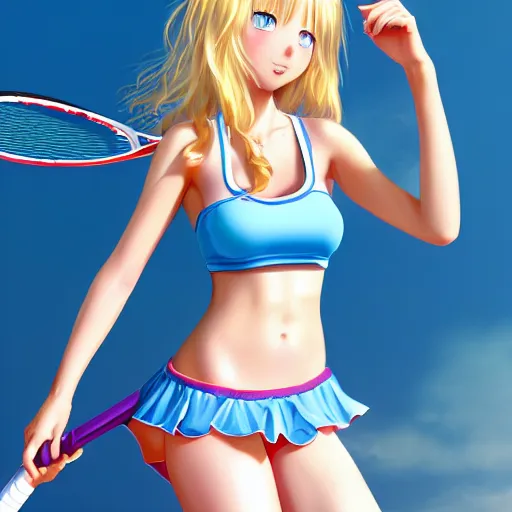 Image similar to a very beautiful young anime tennis girl, confident, full body, long wavy blond hair, sky blue eyes, full round face,, bikini, miniskirt, front view, mid - shot, highly detailed, cinematic wallpaper by stanley artgerm lau
