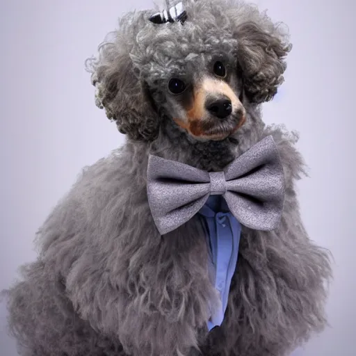 Image similar to a fancy gray miniature poodle wearing a bow tie top hat and monocolor pants