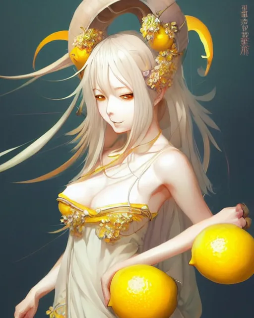 Image similar to character concept art of an anime goddess of lemons | | cute - fine - face, pretty face, realistic shaded perfect face, fine details by stanley artgerm lau, wlop, rossdraws, james jean, andrei riabovitchev, marc simonetti, and sakimichan, trending on artstation