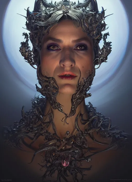 Image similar to a full body perspective of a stout preistess of the underworld, crooked nose, shiny, intricate, elegant, highly detailed, ultra definition, digital painting, artstation, vray, concept art, smooth, high speed photography, illustration, art by artgerm and greg rutkowski and alphonse mucha and james jean