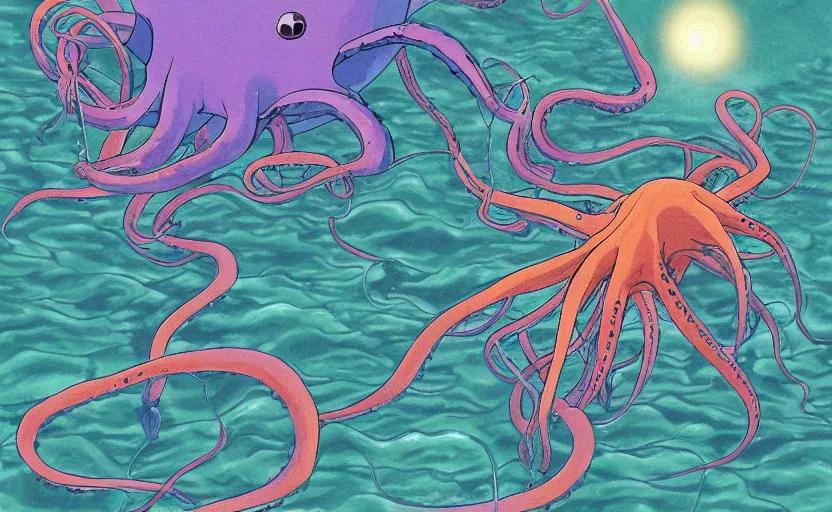 Prompt: a realistic cell - shaded studio ghibli concept art from paprika ( 2 0 0 6 ) of a flying multi - colored octopus from close encounters of the third kind ( 1 9 7 7 ) and dimensional portal to another world above a flooded temple complex on a misty starry night. very dull colors, wide shot, hd, 4 k, hq