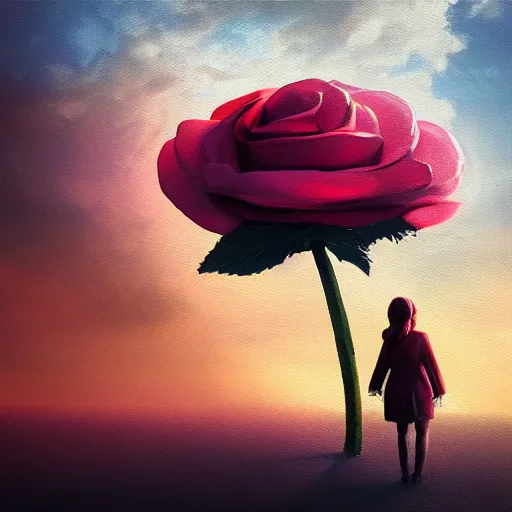 Prompt: closeup, giant rose flower head, frontal, a girl in a suit, surreal photography, sunrise, dramatic light, impressionist painting, digital painting, artstation, simon stalenhag