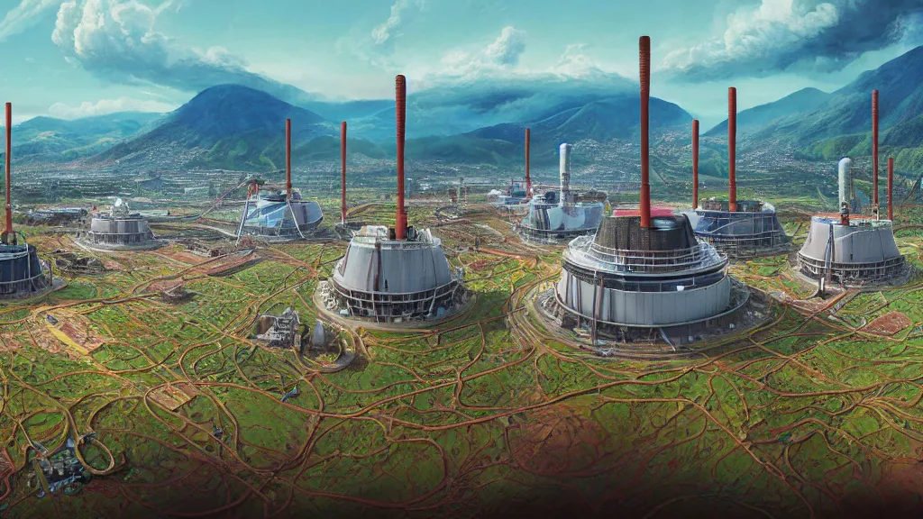 Prompt: Nuclear Breeder Reactors integrated with the town of Quito by Simon Stålenhag and Vincent Callebaut, oil on canvas; Art Direction by James Cameron; 4K, 8K; Ultra-Realistic Depth Shading