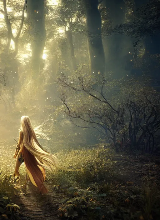 Image similar to magical forest with gold and silver leafs, music, girl with blond long hair back view, elves, lord of the rings style, ultra detailed, trending on artstation, concept art, octane render, unreal engine,