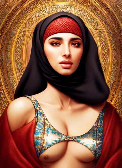 Image similar to photo of a gorgeous young arabic woman in the style of stefan kostic, realistic, sharp focus, 8k high definition, insanely detailed, intricate, elegant, art by stanley lau and artgerm