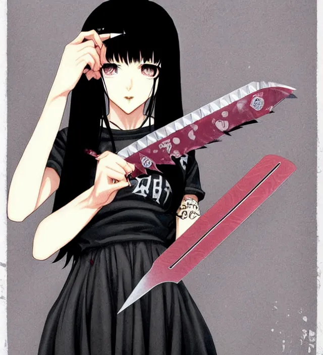 Prompt: portrait of a morbid 18 year old young woman wearing a grunge aesthetic dress with straight silky black hair, in a butcher shop, queen of sharp razorblades holds a single individual razerblade her hand and shows it to the user, in the style of Range Murata and by Katsuhiro Otomo.