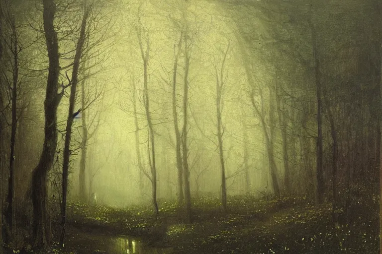 Image similar to dark and spooky painting of a forest dimly lit at night with tiny purple morning glory flowers trailing at the base of trees. foggy cinematic volumetric darkness, muted colour palette, detailed oil painting on canvas robert hughes, john everett millais