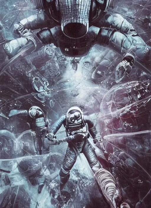 Image similar to astronauts in dark and empty void underwater - complex and hyperdetailed technical suit. reflection and dispersion materials. rays and dispersion of light. volumetric light. 5 0 mm, f / 3 2. noise film photo. flash photography. ultra realistic, wide angle. poster by wayne barlowe, hajime sorayama aaron horkey, craig mullins