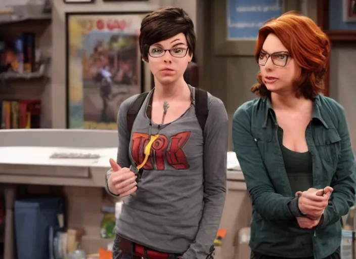Image similar to a film still of a a woman called tracer from overwatch in sitcom big bang theory
