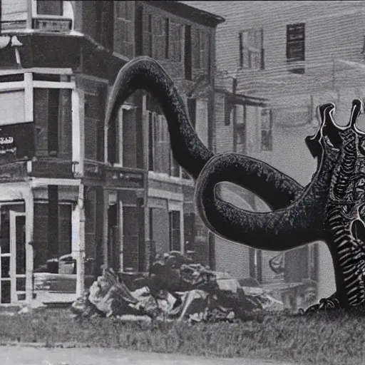 Prompt: news footage of a Lovecraftian monster consuming a small rural town