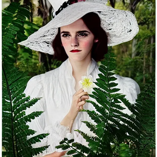 Image similar to full body fashion model emma watson by Hasui Kawase by Richard Schmid smokey eyes makeup eye shadow fantasy, glow, shimmer as victorian woman in a long white frilly lace dress and a large white hat having tea in a sunroom filled with flowers, roses and lush fern flowers ,intricate, night, highly detailed, dramatic lighting , high quality