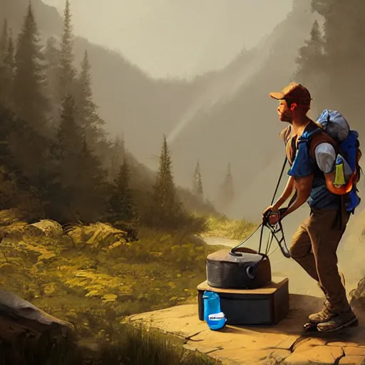 Image similar to hiker unloading the car before camping, by etienne hebinger, cgsociety, cynical realism, fantasy art, 2 d game art
