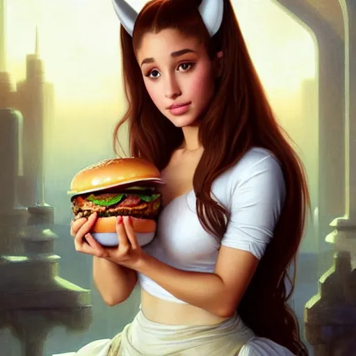 Image similar to portrait of Ariana Grande eating a giant hamburger , extra onions and ketchup, luscious patty with sesame seeds, feminine ethereal, handsome, D&D, fantasy, intricate, elegant, highly detailed, digital painting, artstation, concept art, matte, sharp focus, illustration, art by Artgerm and Greg Rutkowski and Alphonse Mucha