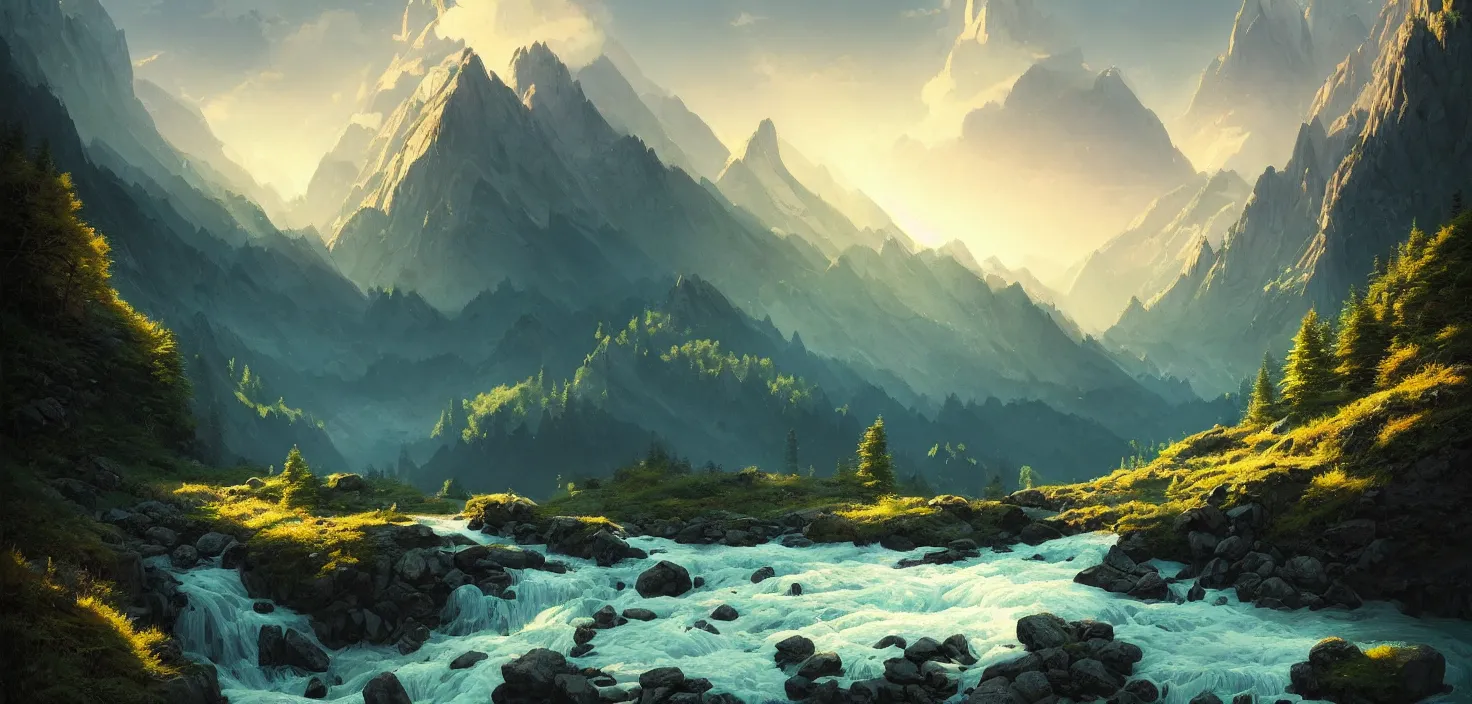 Prompt: lake in mountains streams and rivers flow down slopes of mountains and rocks into the valley spring in mountains, cinematic view, denoise, epic sky, detailed, concept art, low angle, high detail, warm lighting, volumetric, godrays, vivid, beautiful, trending on artstation, by jordan grimmer, huge scene, grass, art greg rutkowski