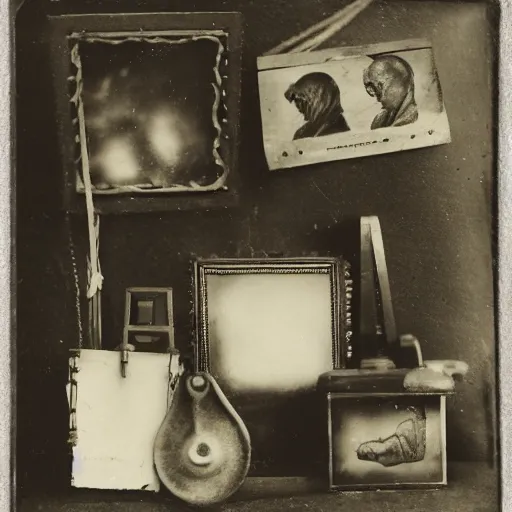 Image similar to Tintype photograph of primitive objects displayed in an ethnographic museum, archive material, anthropology,in the style of Marcel Duchamp, 1920s studio lighting.