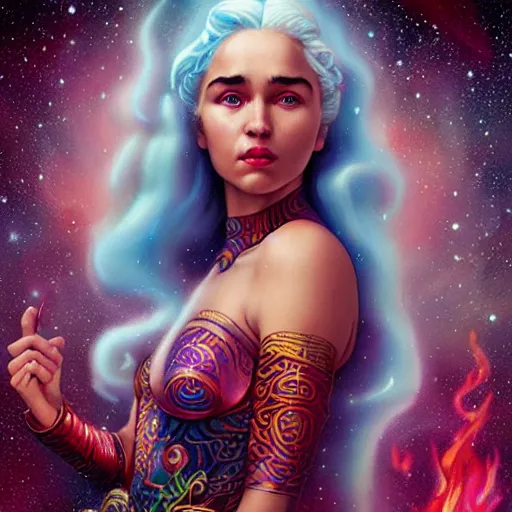 Image similar to cosmic stunning lofi daenerys targaryen portrait, queen of dragons, fire flaming dragon serpent, Pixar style, by Tristan Eaton Stanley Artgerm and Tom Bagshaw.