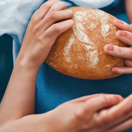 Prompt: a woman kneading bread with her hands