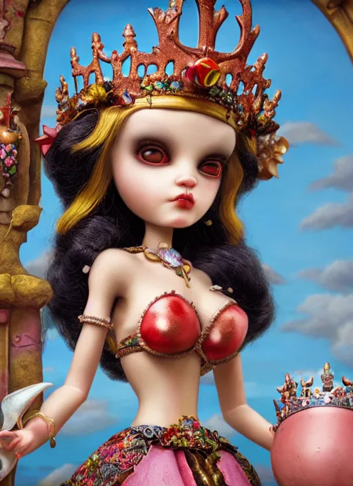 Image similar to highly detailed closeup, profile portrait of a tin toy goth fairytale princess wearing a crown, bikini, unreal engine, nicoletta ceccoli, mark ryden, earl norem, lostfish, global illumination, detailed and intricate environment