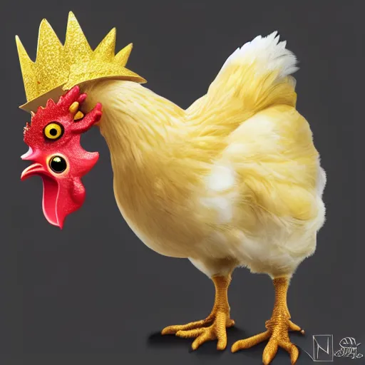 Prompt: a chicken animal wearing a small chicken-sized golden crown on its head. Against a white background. By Makoto Shinkai, Stanley Artgerm Lau, WLOP, Rossdraws, James Jean, Andrei Riabovitchev, Marc Simonetti, krenz cushart, Sakimichan, trending on ArtStation, digital art. Animal photo.