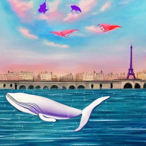 Prompt: a beautiful painting of a whale flying over Paris, Vaporwave