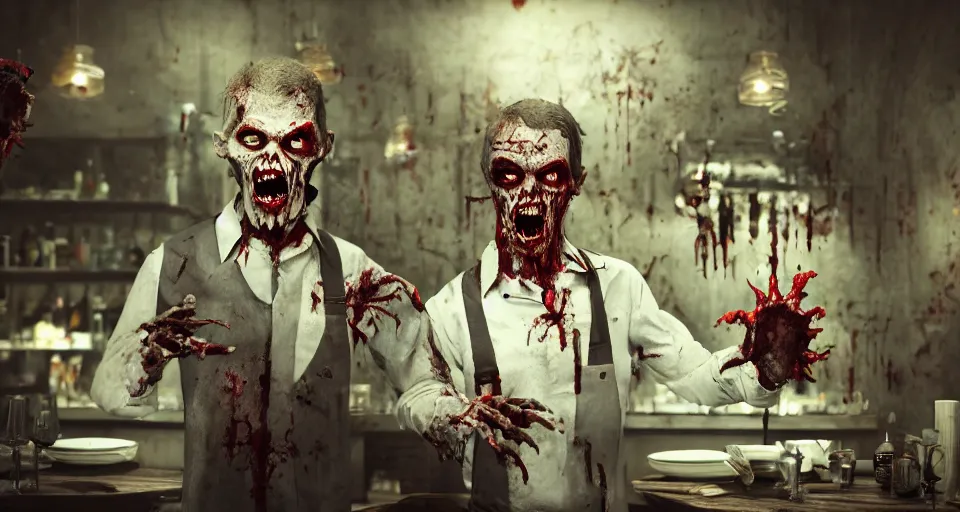 Image similar to waiter angry zombie, detailled portrait, restaurant interior, feeling of grimdark horror, daytime, high contrast, ultra intricate detailed, octane render, unreal engine