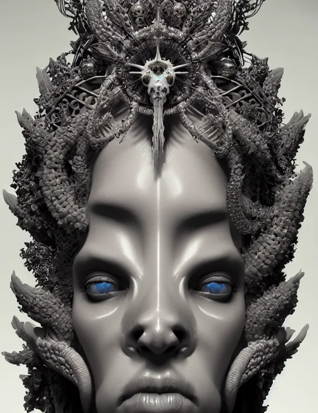 Image similar to symmetrical, centered, zbrush sculpt of goddess close-up portrait wigh crown made of skulls. phoenix betta fish, phoenix, bioluminiscent creature, super intricate ornaments artwork by Tooth Wu and wlop and beeple and greg rutkowski