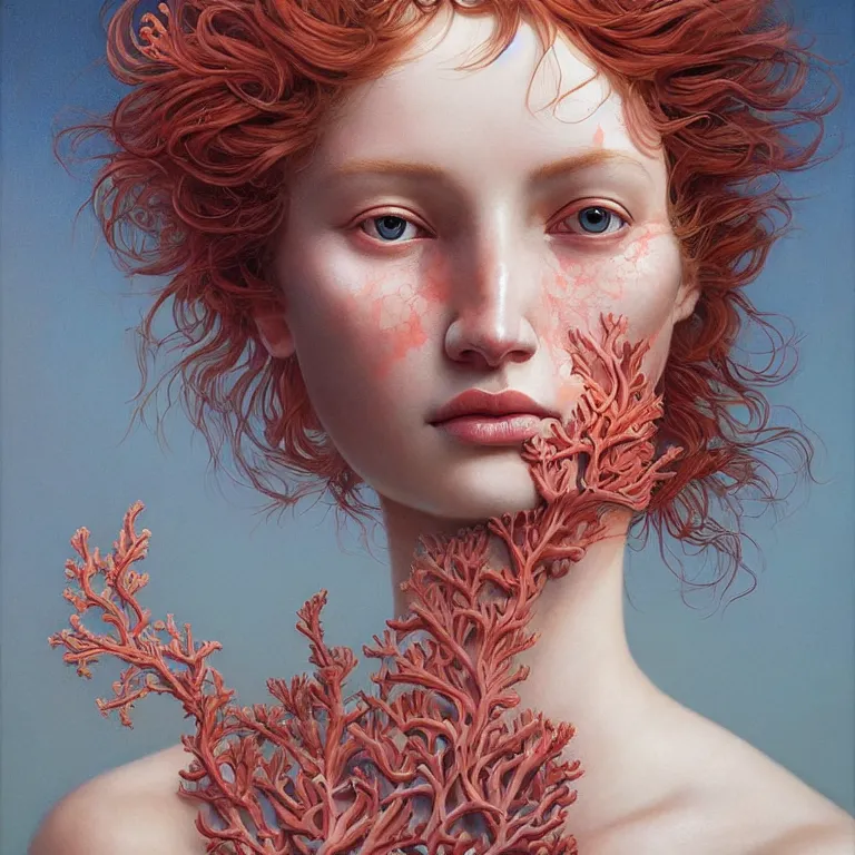 Image similar to portrait of woman with coral!! reef hair. soft light painted by james jean and moebius and erik jones, inspired by mary jane ansell, smooth face feature, intricate oil painting, high detail 3 d render, sharp high detail