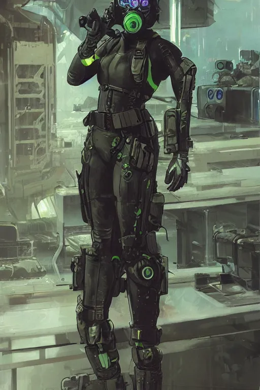 Image similar to Selina. USN blackops operator infiltrating oil rig. Operator wearing Futuristic cyberpunk tactical wetsuit. Frogtrooper. rb6s, MGS, and splinter cell Concept art by James Gurney, greg rutkowski, and Alphonso Mucha. Vivid color scheme.