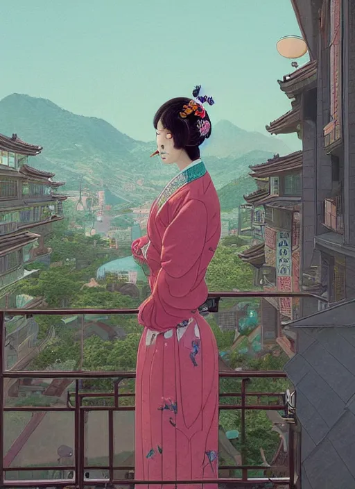 Prompt: Portrait of a Luxurious Korean woman standing on a balcony, female, richly detailed color illustration of a rotocoped-animation-of-flowers-flowing illustrated, detailed face, 19th century, cinematic lighting, digital art painting by simon stalenhag