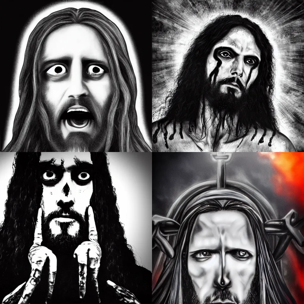 Prompt: Jesus as black metal band leader, front view, realistic, Photograph, 4k