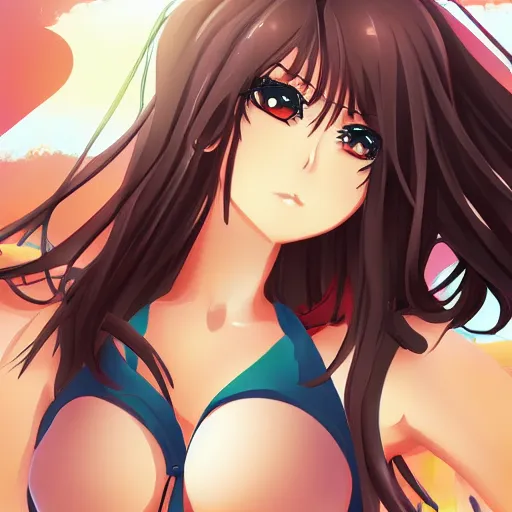 Image similar to sultry anime girl at the beach, key anime visual, portrait, pixiv
