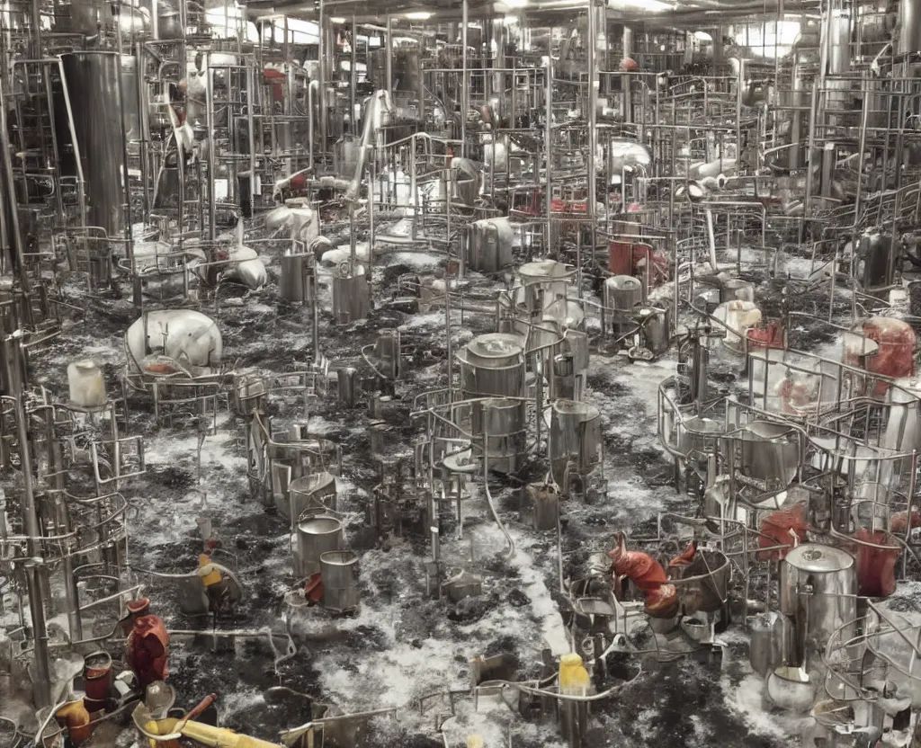 Prompt: lots of oil paint tubes exploding in a soda factory