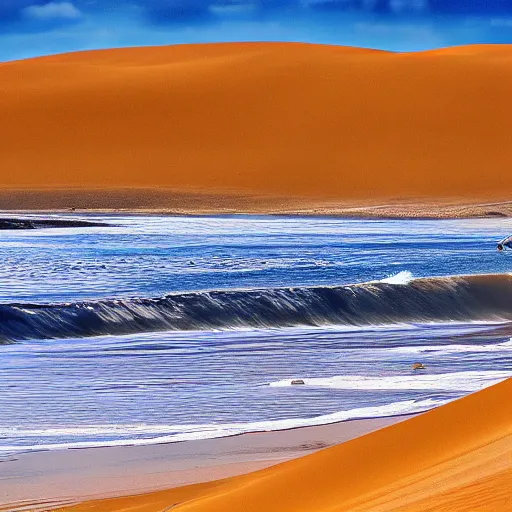 Image similar to sandboarding sandhills and seascape hokianga, cinematic composition, wide shot, digital art